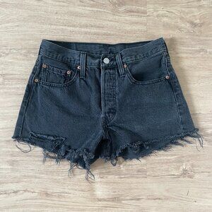 Levi's 501 Black Jean Shorts | Black Denim Ripped Cutoff Shorts Button Fly - 26